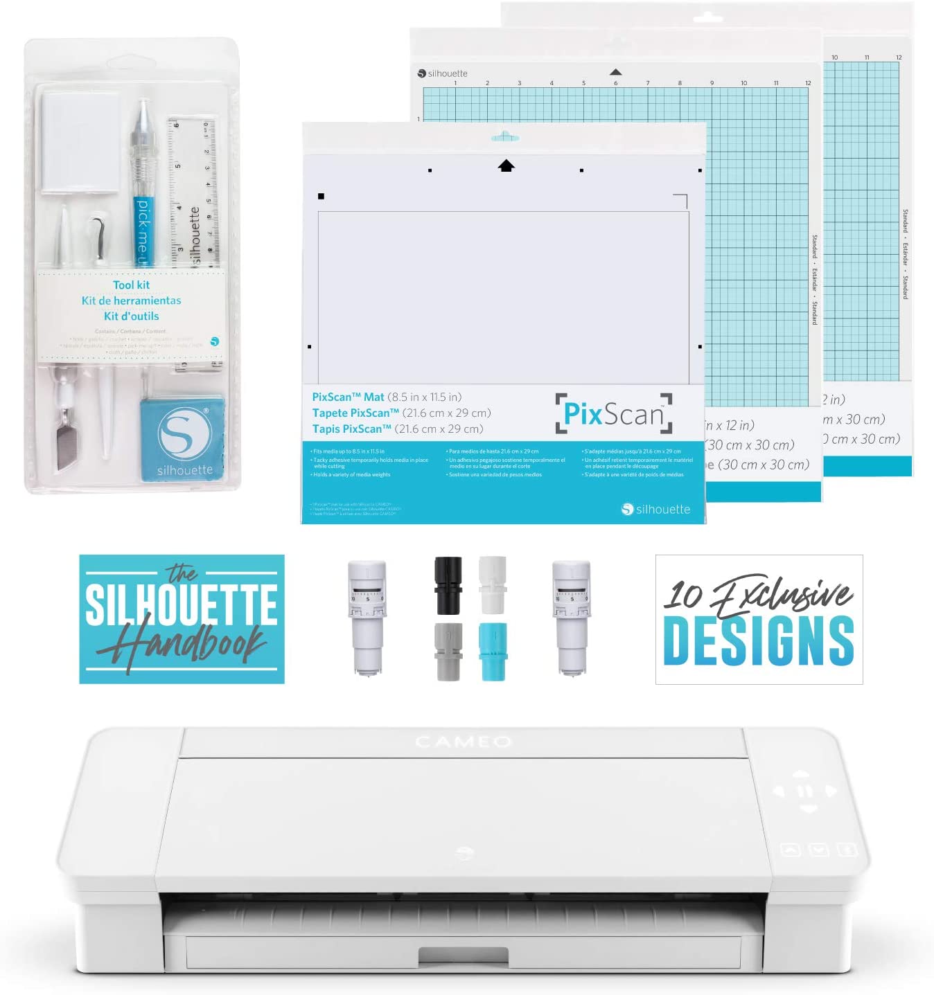  Silhouette Cameo 4 Extras Bundle with Extra AutoBlade, Tool  Kit, Cutting mat and PixScan. Silhouette Handbook,10 Extra Designs - Black  Edition
